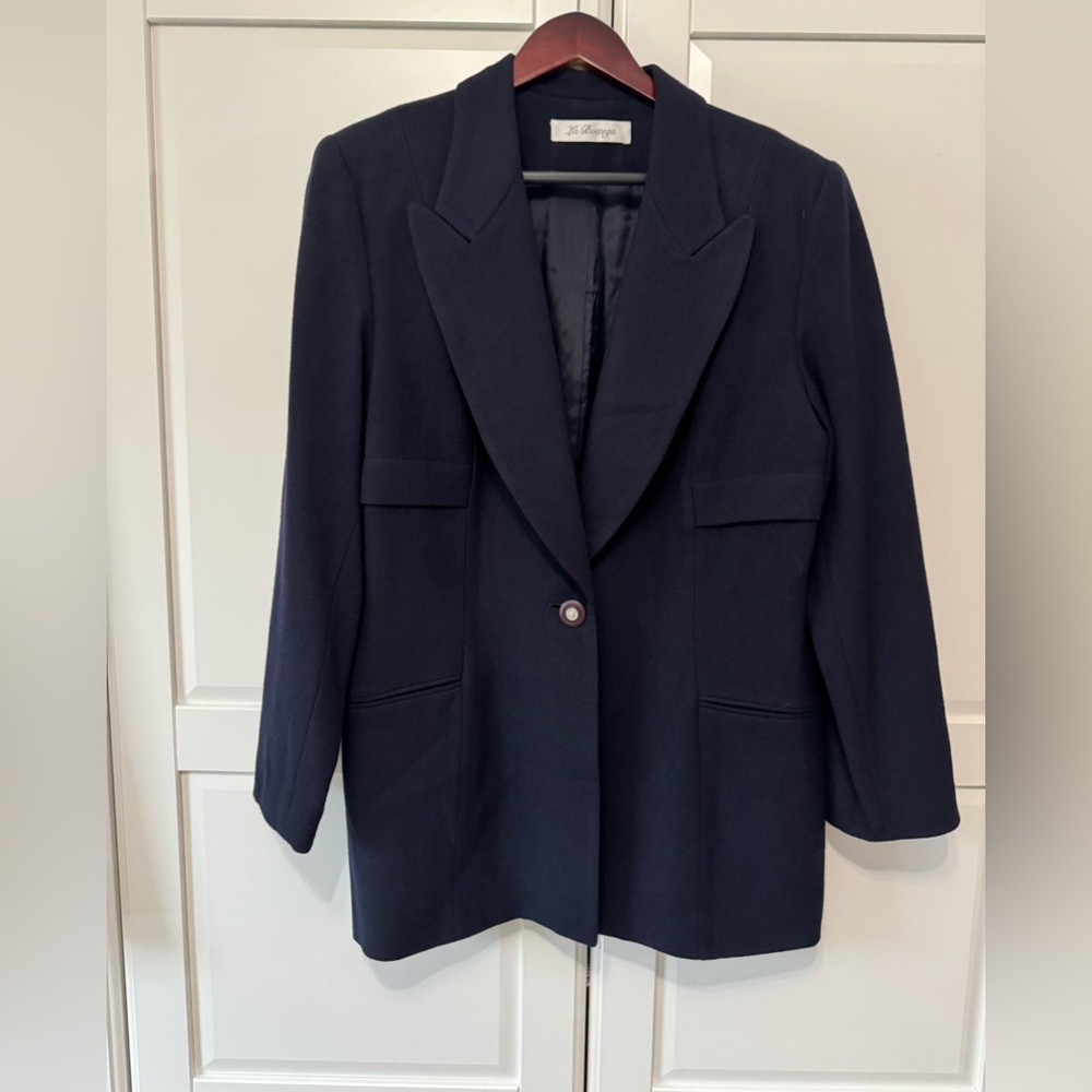 La Bottega Designer 100% Wool Crepe Navy Women's Blazer With Single Button Front